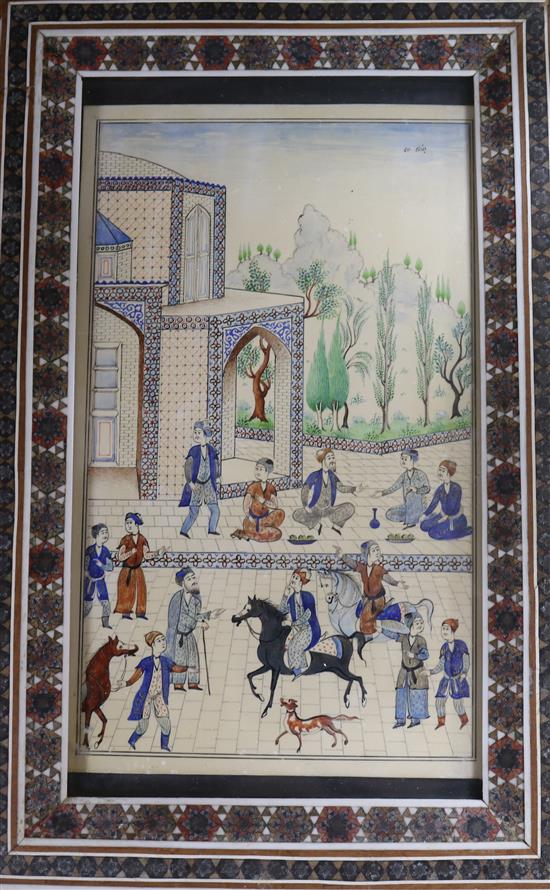 Persian School, two gouache on ivorine, study of a sage and figures in a courtyard,